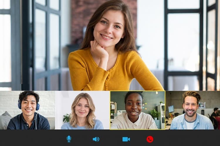 Students from different countries in a live online Russian group class on a video call